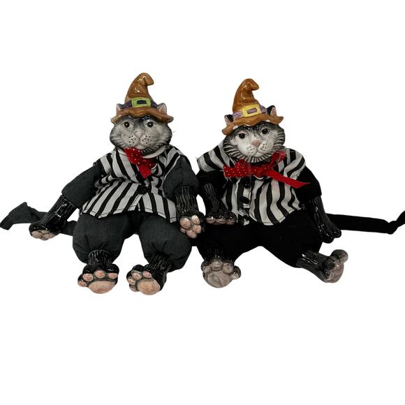 Fitz & Floyd Halloween Cat Figurines Pair 12” Whimsical Striped Witch Dolls - Picture 1 of 7